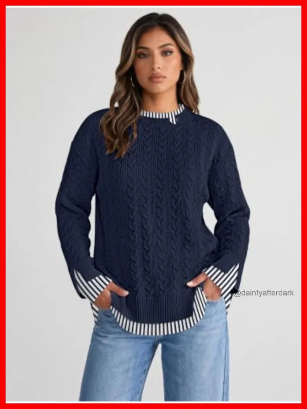 Oversized Cable Knit Pullover Sweater Women Viscose Blend Crew Neck Long Sleeve